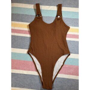NWOT Brown Smocked One-Piece Swimsuit with Tortoise Ring Detail - Size S